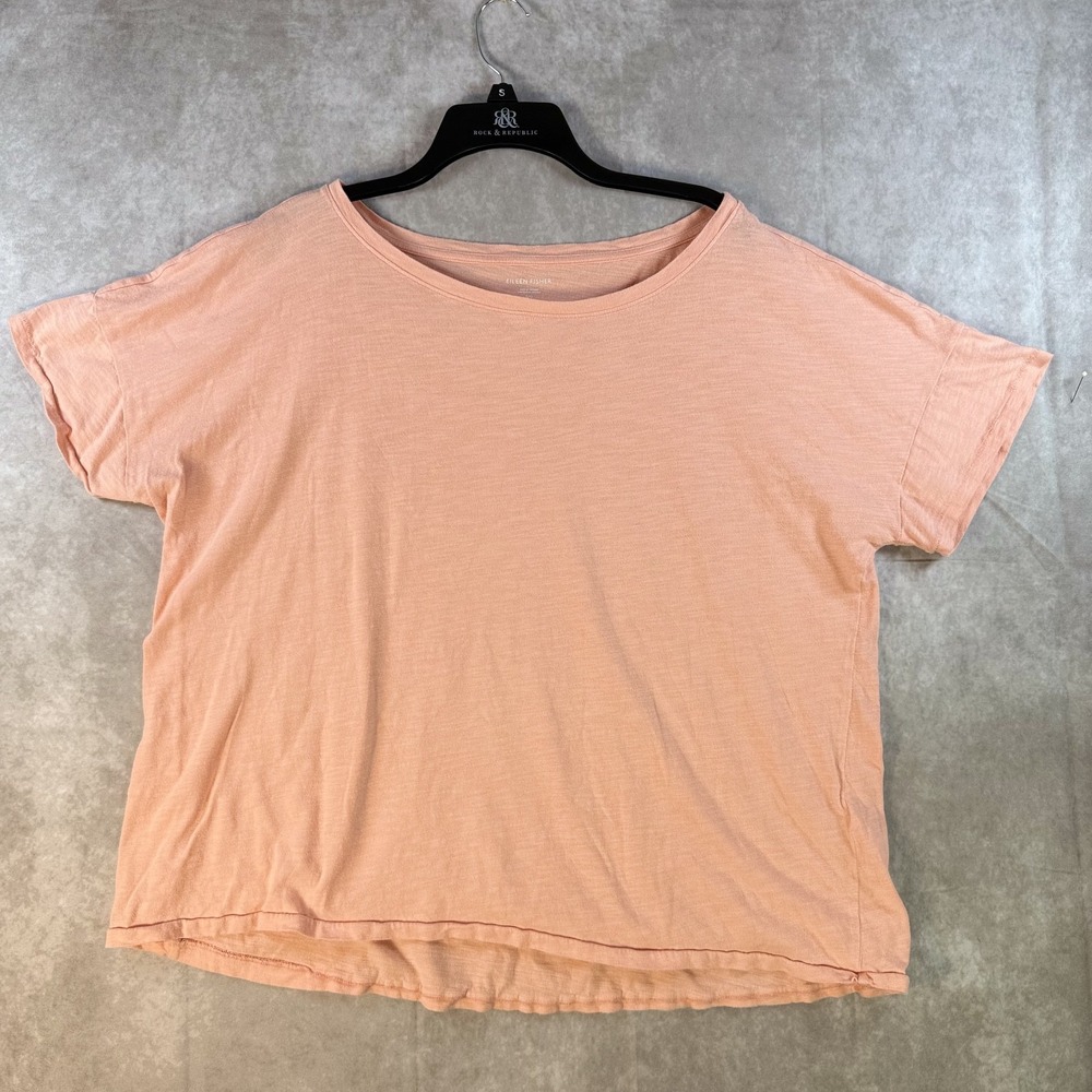 Eileen Fisher T-Shirt Women Large Orange Peach 100% Organic Cotton Short Sleeve‎